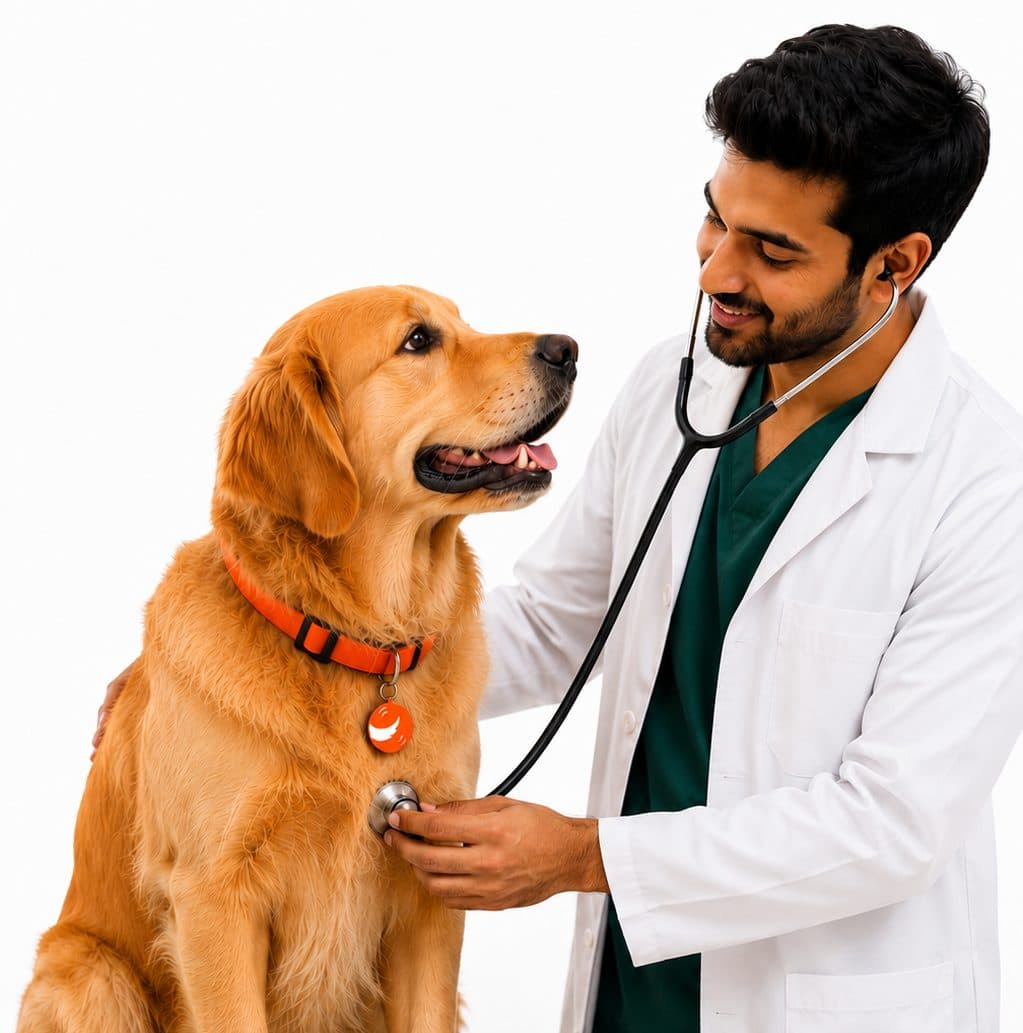 A vet listening to a golden retriever's chest with a stethoscope