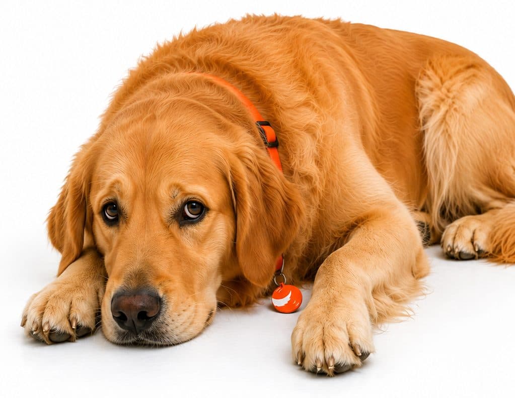A golden retriever lying down with its head on its paws