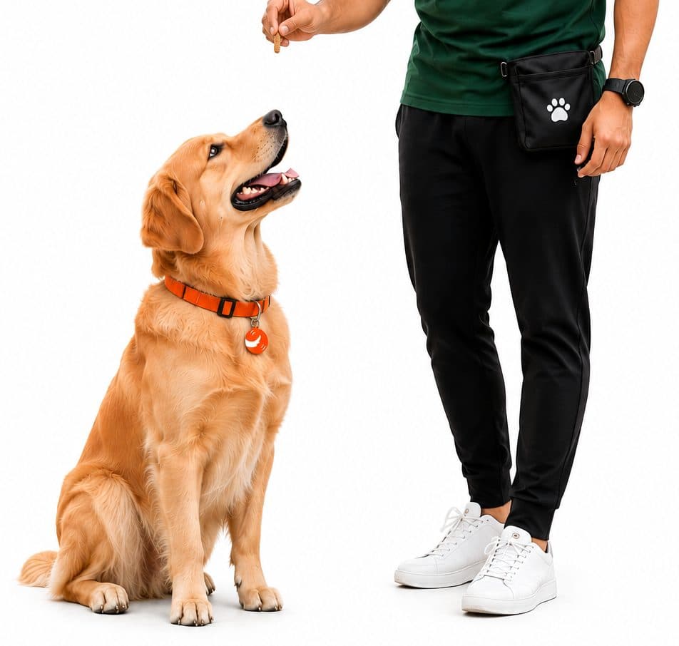 A golden retriever sitting and looking up at a trainer holding a treat